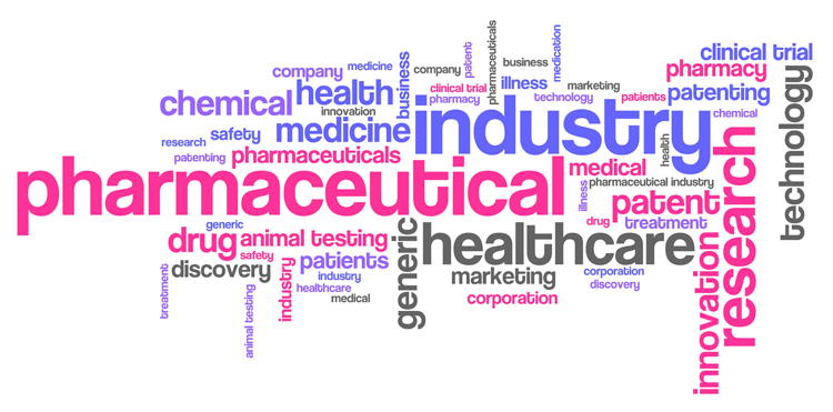 Pharmaceutical industry and medicine word cloud illustration. Word collage concept.